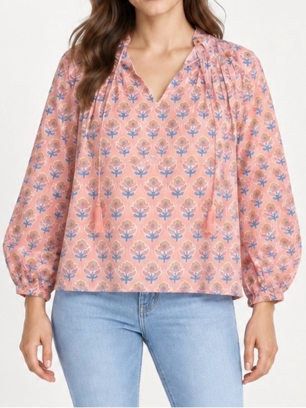 Marea Pink Floral Peasant V-Neck Tassel Tie Long Sleeve Cotton Blouse M